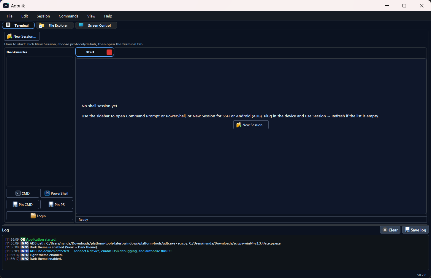 Adbnik main window with tabs for terminal, files, and screen