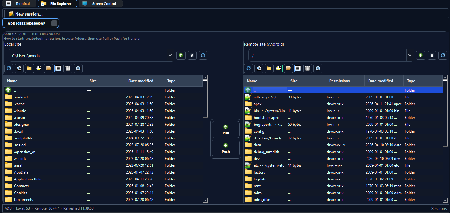 File explorer with local and remote panes
