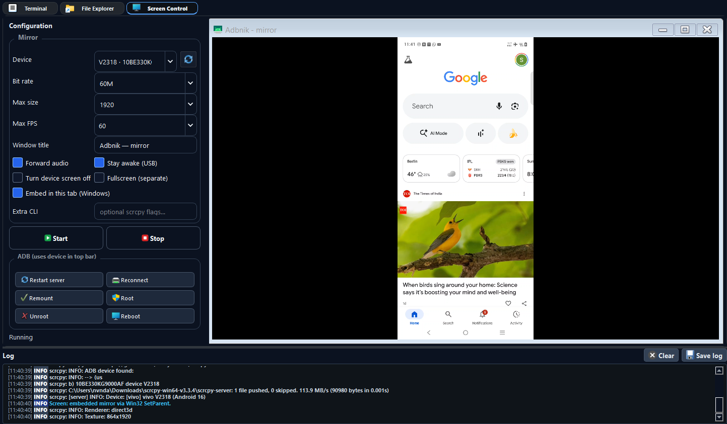 Screen control tab